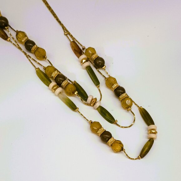 NY & Co Multi Strand Beaded Necklace 24" Layered Gold Green & Brown Tones - Picture 7 of 9
